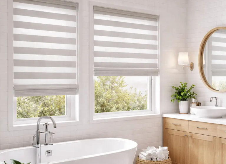 Modern bathroom interior with dual zebra roller blinds on white-framed windows, freestanding bathtub, wooden vanity, round mirror, and indoor plant in natural light.